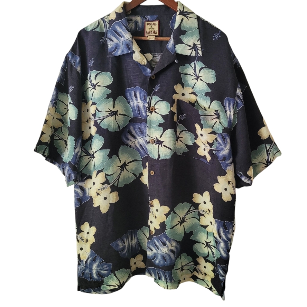 Tommy Bahama 100% Silk Black Tropical Floral Print Hawaiian Camp Shirt Sz L